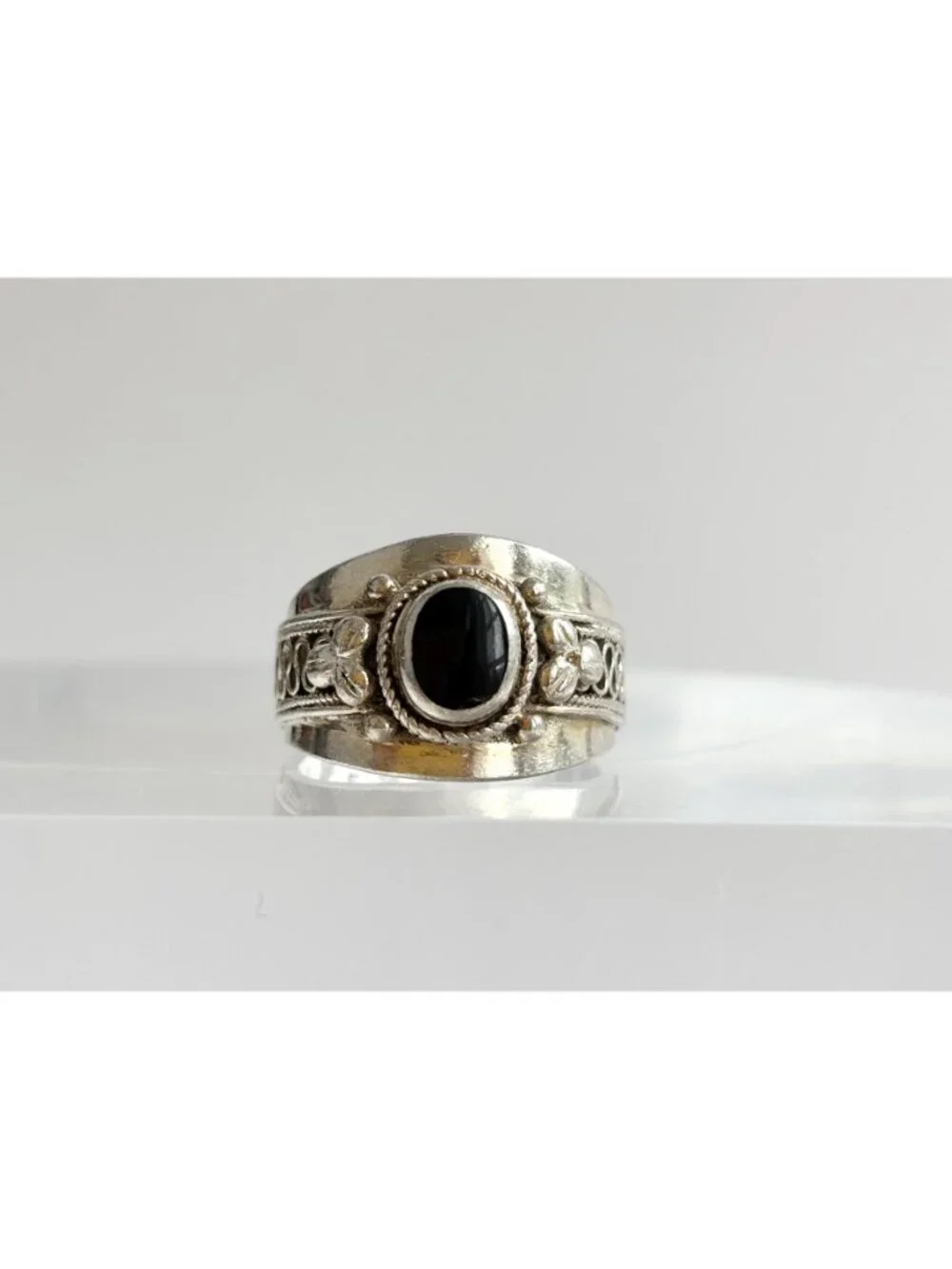Thai Made Made Black Onyx Rope Chunky Sterling Silver 925 Vintage Ring - sz 6